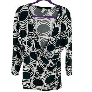 Workwear Basic Abstract Circle Print Jersey V-Neck Top Chico's 3 XL Black White